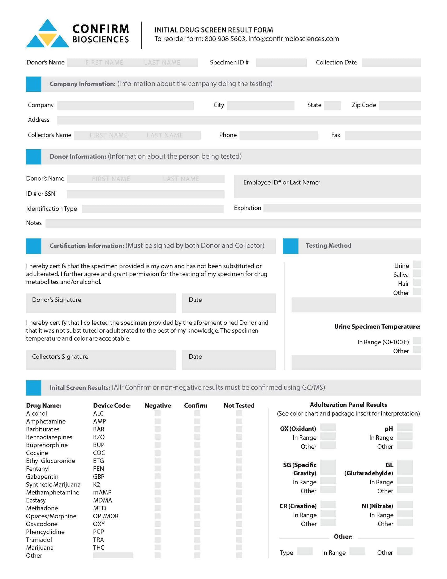 Hard Copy Drug Screen Result Form